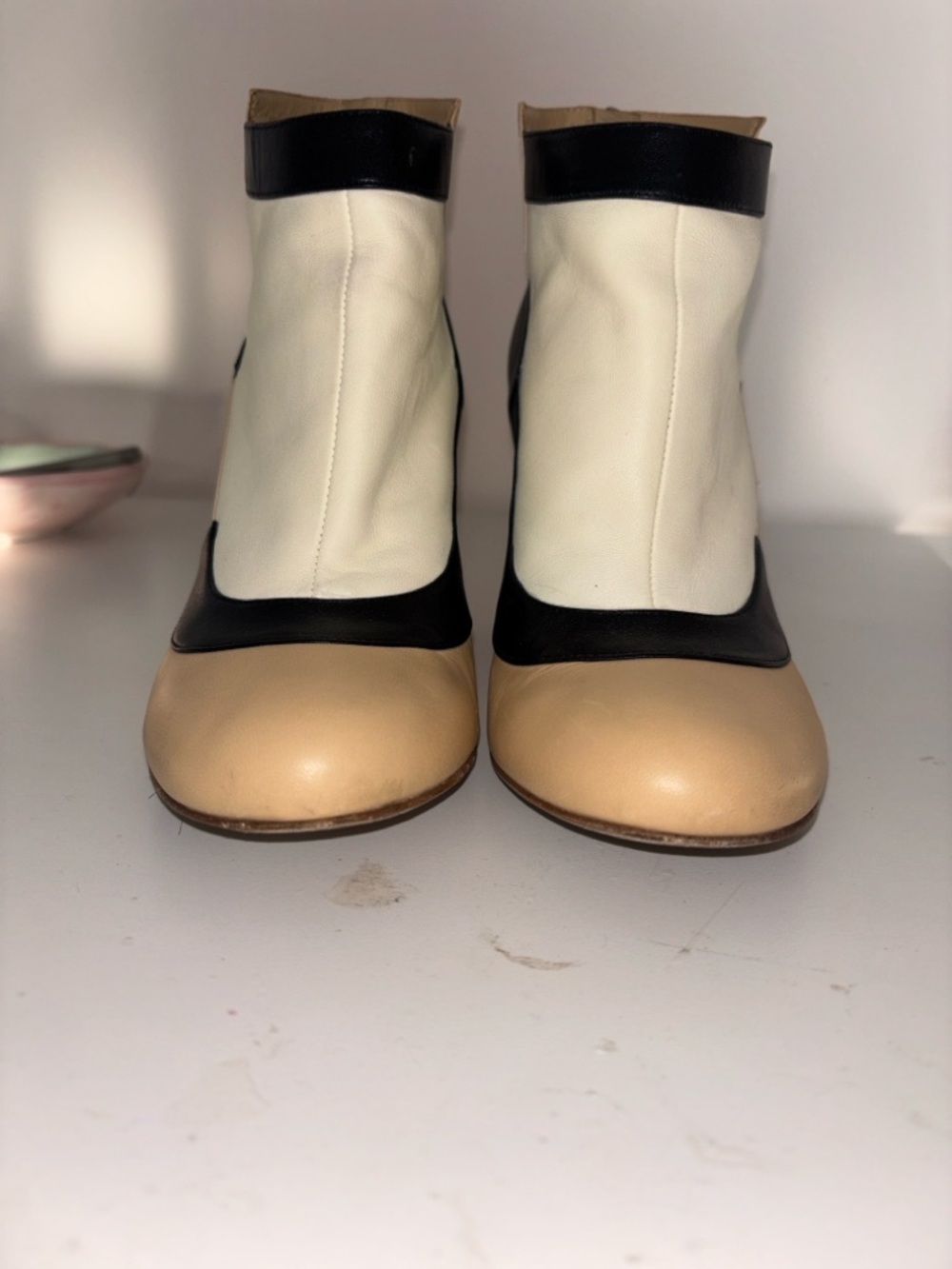CHANEL Black and Beige Leather Heeled Ankle Boots - Picture 4 of 7